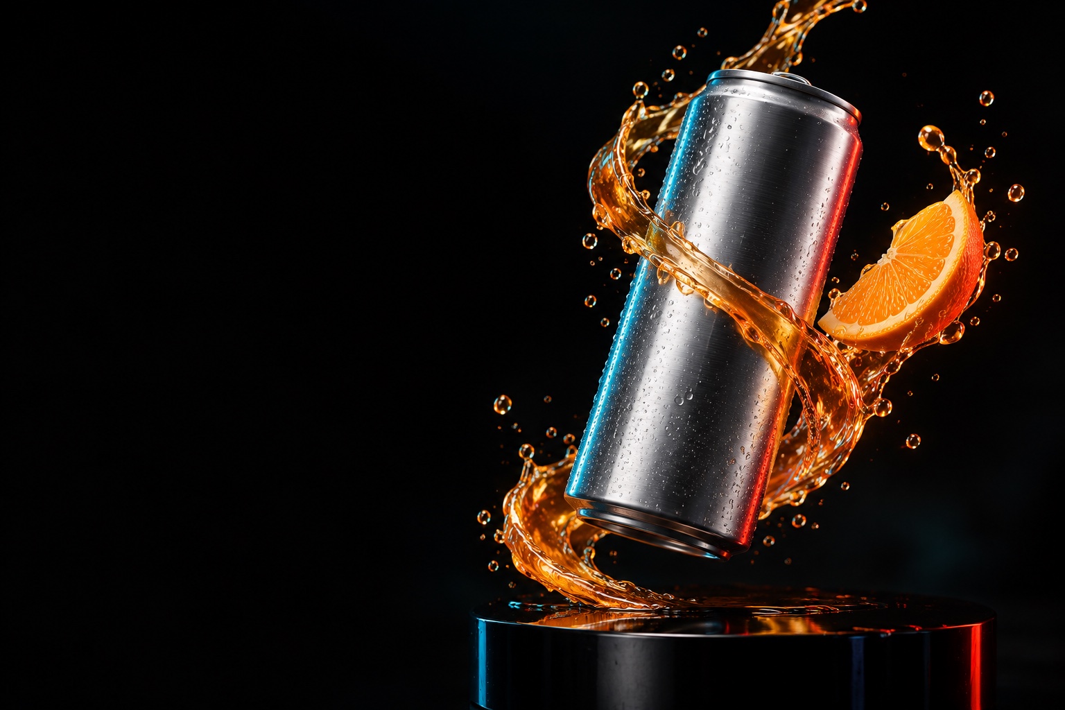 An unbranded silver beverage can suspended above a black plinth, wrapped in a vivid orange liquid ribbon.